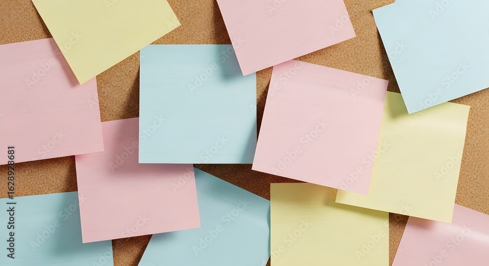 Poster overhead shot of numerous pastel colored square notes scattered across a textured tan board, creatin