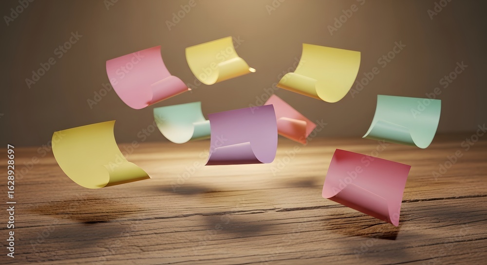 Poster dynamic composition featuring assorted pastel-colored sticky notes floating above a textured wooden 