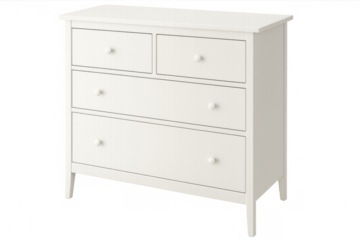 White wooden dresser featuring four drawers, round silver handles, minimalist design, standing on clean transparent surface for home storage solutions