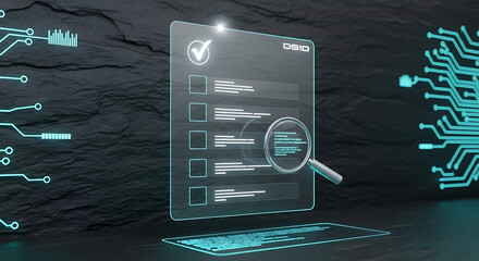 Digital checklist on transparent screen with magnifying glass and keyboard representing data analysis and technology