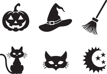 Spooky Halloween icons pumpkin witch hat broom black cat moon stars