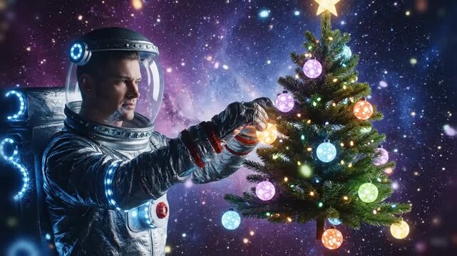 Space explorer gently places glowing ornament on floating tree as lights drift in slow motion