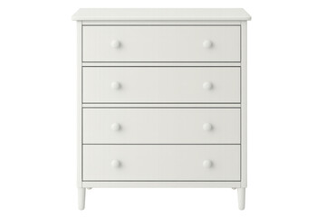 White chest of drawers with four drawers and round handles isolated on transparent background, ideal for interior design projects