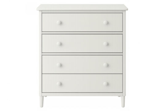 White chest of drawers with four drawers and round handles isolated on transparent background, ideal for interior design projects