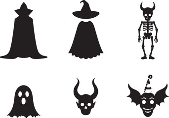 Spooky Halloween silhouettes include ghost, skeleton, demon, and witch icons