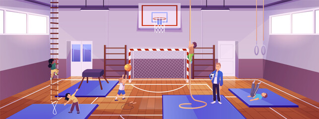 School gym interior, students with teacher, mats, rope, gates, basketball hoop, stairs.