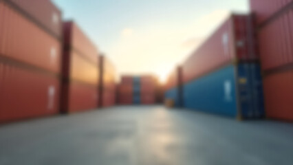 Fototapeta premium Abstract blurred image of a large container yard with colorful shipping containers stacked on top of each other. Spacious industrial area.