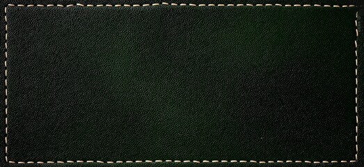 Dark green leather texture with white stitching around edges. Ideal for leather goods design, vintage - style backgrounds, or brand logo backdrops.