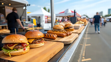 Portrait of delicious burgers and hot dogs on display at street food festival or outdoor market at summer, lively crowd and food trucks in the background