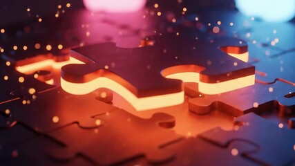 A dark jigsaw puzzle with glowing orange sections beneath Pink and blue light illuminates the scene creating a vibrant conceptual image Fragments scatter around the - Powered by Adobe