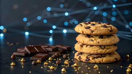 Stack of chocolate chips cookies on futuristic data background. Online privacy, data protection, and internet security. Accept website cookie concept