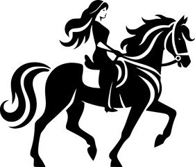 Minimalist black and white icon of a woman riding a horse. Clean, geometric lines. Ideal for logos, stickers, or digital use.