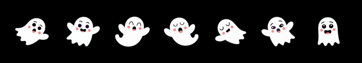 Set of cute white Halloween ghost characters with different facial expressions and poses, flat cartoon vector illustration, black background, for stickers, clipart, or festive decoration