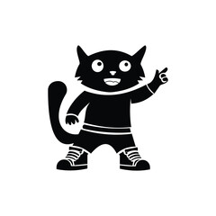 Vector illustration of a cute black cat mascot. Funny cartoon animal character pointing, isolated graphic element.
