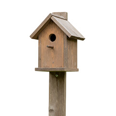 Naklejka premium Wooden Birdhouse with Round Entrance Hole and Perch, Mounted on Post