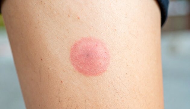 Close-up of a circular, red rash on human skin, possibly indicating a tick bite or other skin irritation. lyme disease