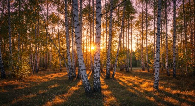 Golden hour birch forest - Powered by Adobe
