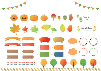 Set of autumn icons. Autumn elements clip art. Pumpkins, leaves, trees, ribbon, banner. Thanksgiving Day decoration ideas.