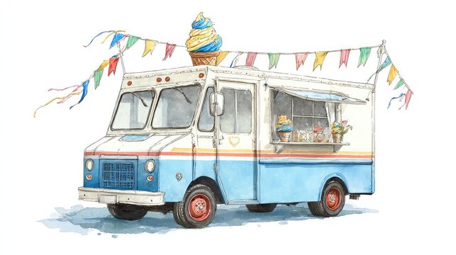 Whimsical watercolor illustration of a colorful ice cream truck with festive bunting - Powered by Adobe
