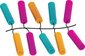 Bunch of colorful firecrackers, pink, yellow, blue, pyrotechnic equipment.