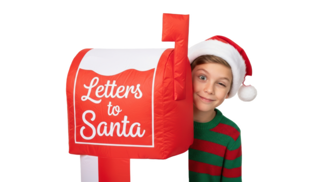 A boy in santa hat winking next to a letters to santa mailbox on a black background for christmas time - Powered by Adobe