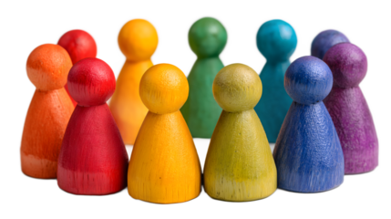 Group of colorful wooden human figures arranged in a circle, symbolizing diversity, unity, teamwork, community, and inclusion, ideal for social, educational, and collaborative concepts, isolated on wh