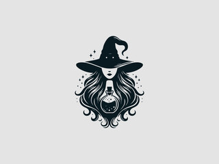 A mystical witch with long flowing hair holding a magic potion bottle on a white background for halloween