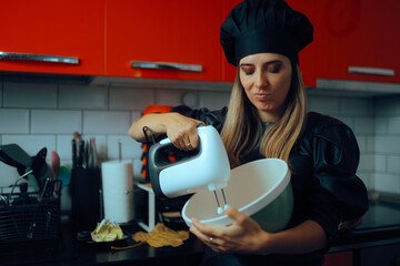 Home Chef Mixing Ingredients in a Bowl Ready to Make Desert. Stressed housewife trying to bake a...