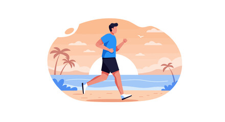 Man in Blue Shirt Running on Beach Illustration
