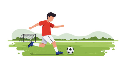Soccer Player Kicking Ball, Red Shirt, White Shorts, Blue Cleats
