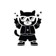 Cool cat character with sunglasses making a peace sign vector illustration. Mascot logo design element.