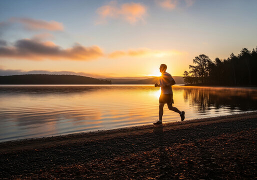 A man jogs on a rocky shore next to a still lake with a forest in the distance as the sun rises over the horizon. - Powered by Adobe