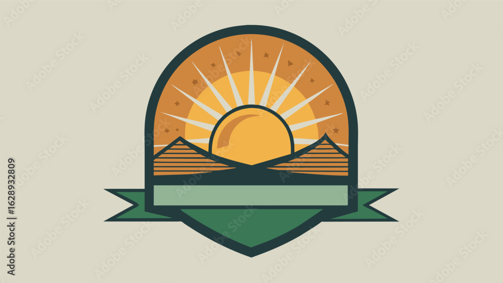 Poster a badge with a sun rising over the horizon and new beginnings etched on it symbolizing the start of 