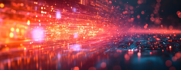Fototapeta premium Futuristic digital data stream with glowing red and blue light trails. Abstract technology and network communication concept background.