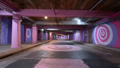 Pink, circular murals adorn a subterranean tunnel