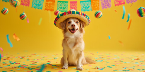 A happy dog in a colorful sombrero celebrates under papel picado banners with falling confetti, marking the festive Día de la Independencia de México on a yellow background.
