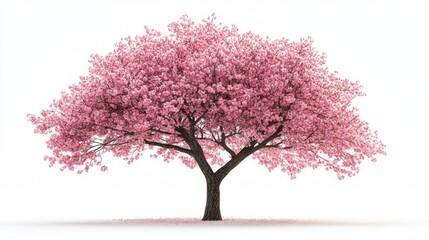 Naklejka premium A blossoming cherry tree with vibrant pink flowers stands against a clean white background, showcasing its beauty.