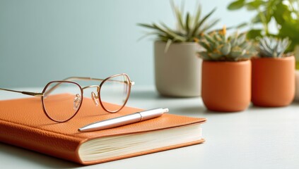 Naklejka premium Orange journal, glasses, and plants on light background