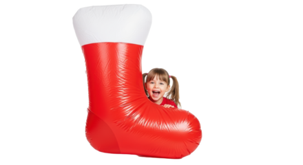 A little girl with pigtails peeking out from behind a large inflatable christmas stocking decoration
