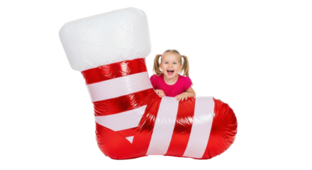 A cheerful young girl with pigtails peeking out from a large inflatable christmas stocking decoration