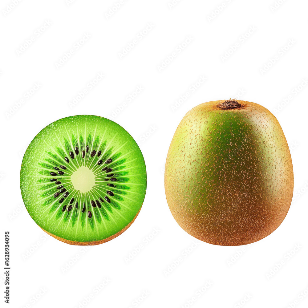Poster whole and sliced kiwi fruit displayed side by side isolated on transparent background