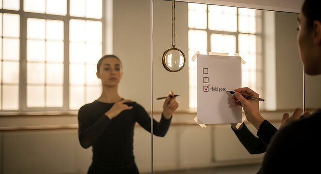Ballet dancer and instructor in studio with whiteboard and mirror during a dance lesson