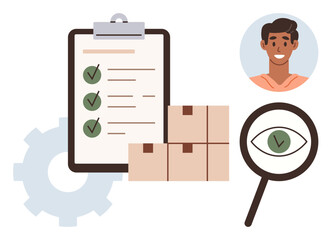 Checklist with green ticks, cardboard boxes, magnifying glass highlighting an eye, stylized gear, smiling avatar. Ideal for logistics, quality control, audits, teamwork efficiency task management