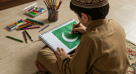 14 august pakistan independence day boy drawing pakistan flag with colored pencils on paper for independence day celebration at home concept