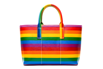Stylish rainbow-striped handbag with vibrant LGBTQ+ pride colors, symbolizing fashion, identity, inclusivity, and self-expression, perfect for pride events or colorful lifestyle, isolated on white bac