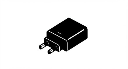 Illustration of a black power adapter with two pins on a white background in isometric view