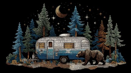 Vintage camper trailer in a forest at night with a bear and starry sky