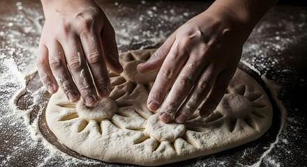 A baker's hands carefully press decorative floral patterns into raw dough on a floured wooden surface.