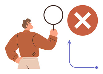 Man holding magnifying glass facing red error symbol as arrow points upward. Ideal for problem-solving, error detection, analysis, troubleshooting, evaluation, learning, decision-making. Simple flat