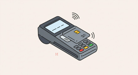 Fototapeta premium Illustration of a pos terminal with a credit card and wireless payment symbol on a light background